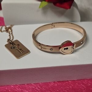 Rose Gold Forever Love Lock & Key Jewelry Set Heart Cuff Bracelet + Key Necklace